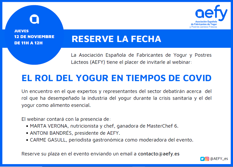 Webinar El rol del yogur en tiempos de COVID. Link a e-mail para inscripción.